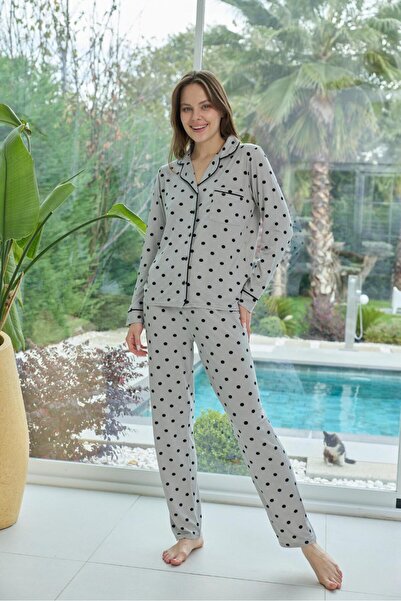 İpek Women's Long Sleeve Front Button Polka Dot Pajama Set