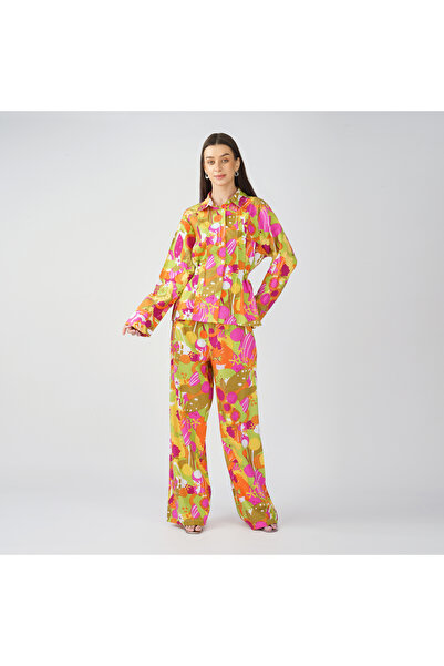 LINELLE Olive Green Multicolor Retro Abstract Printed Coord Set