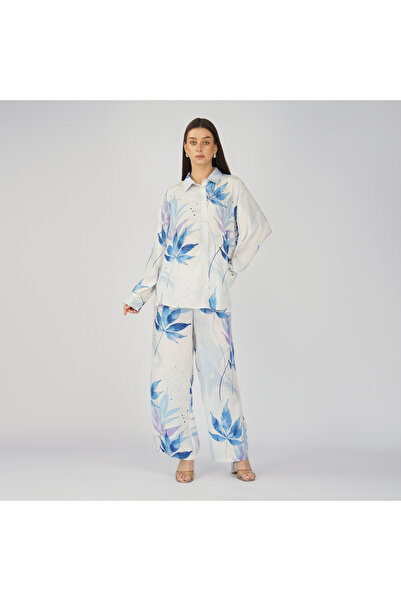 LINELLE White and Blue Tropical Leaf Print, Embroidered Coord Set
