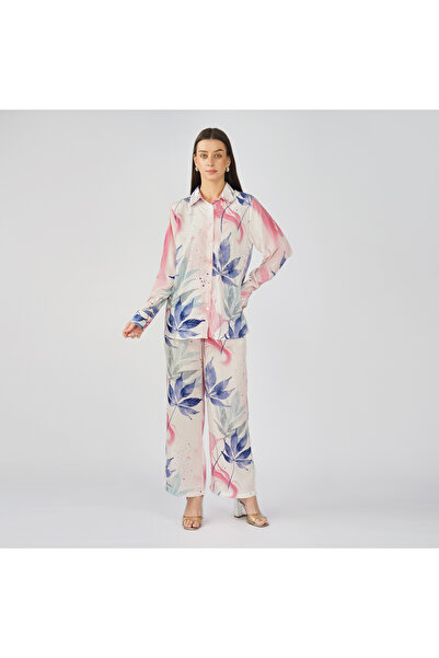 LINELLE Pink and Blue Leaf Printed Coord Set with Bead Embroidery