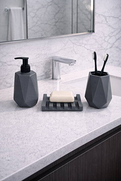 Zigzag Home طقم حمام خرساني هندسي مزخرف من 3 قطع، حامل فرشاة أسنان بلون أنثرا...