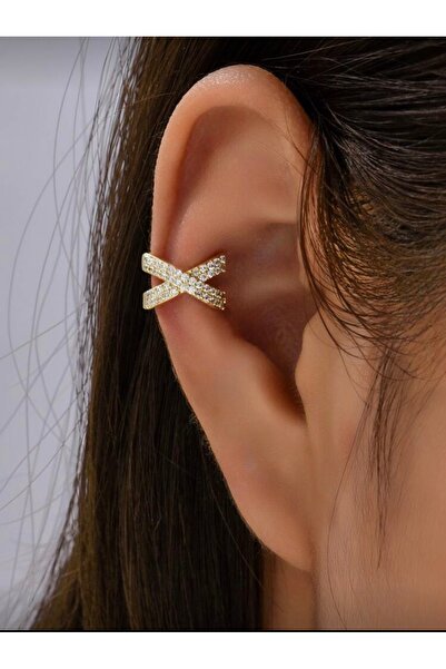 AychaAksesuar Çapraz zirkon taşlı deliksiz geçirmeli kıkırdak küpe altın renk...