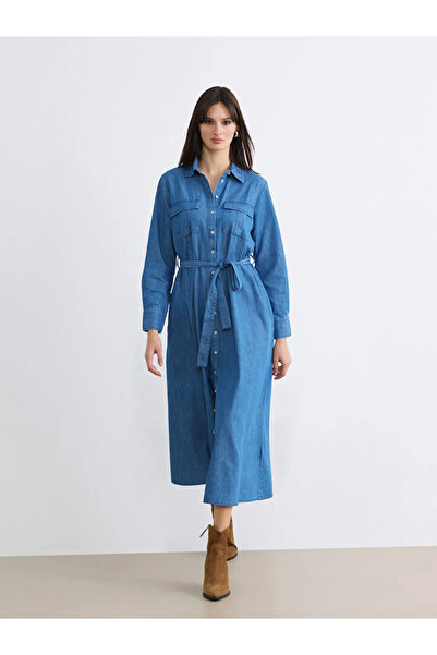 LC Waikiki LCWAIKIKI Κλασικό ινδιγκό πουκάμισο με γιακά και ζώνη στη μέση, τζ...