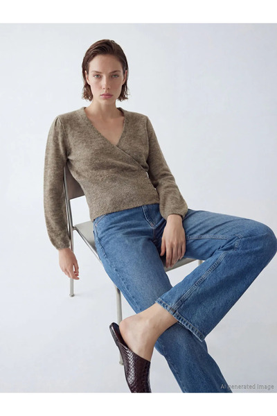 LC Waikiki LCWAIKIKI Classic Bej Kruvaze Yaka Kadın Triko Kazak