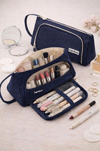 Bambus Üçgen Çok Bölmeli Büyük Kapasiteli Kumaş Seyahat Tipi Makyaj Organizer...