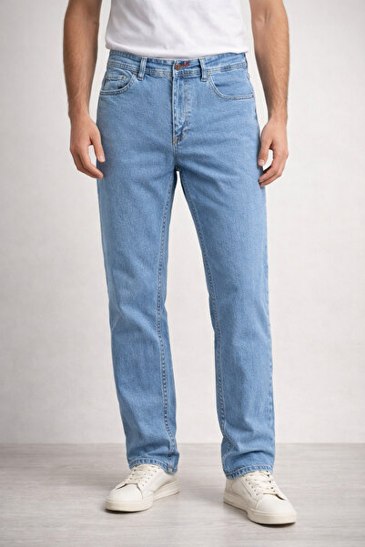 lokasyone بنطلون جينز رجالي من الليكرا بقصة عادية باللون الأزرق الجليدي