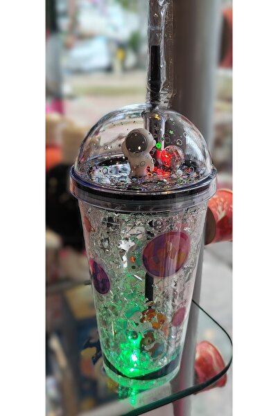 ada çanta kırtasiye كوب بلاستيكي مزخرف بغطاء مزخرف وشفاطة مع إضاءة 470 مل AD6...