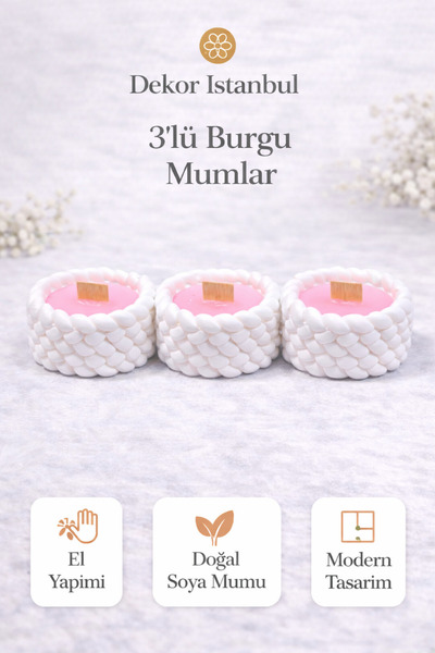 Dekor İstanbul 3’lü Burgu Mum Seti – El Yapımı Doğal Soya Mum, Modern Dekorat...