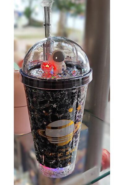 ada çanta kırtasiye كوب بلاستيكي مزخرف بغطاء مزخرف وشفاطة مع إضاءة 470 مل AD6...