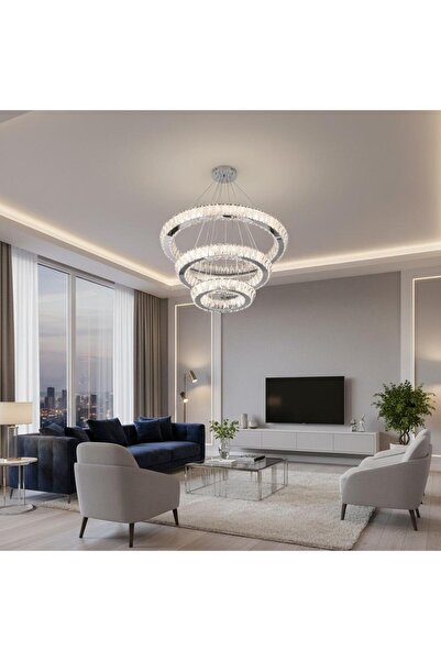 Elizim Home Lighting Halka 3 katlı kristal taşlı ledli avize