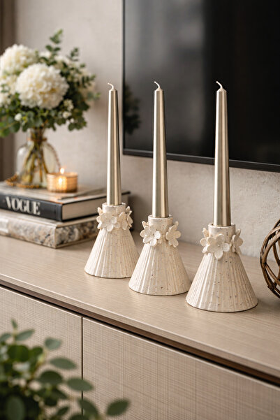 MeGgDecor Papatya Detaylı El Yapımı Seramik Mumluk Seti (3’lü)