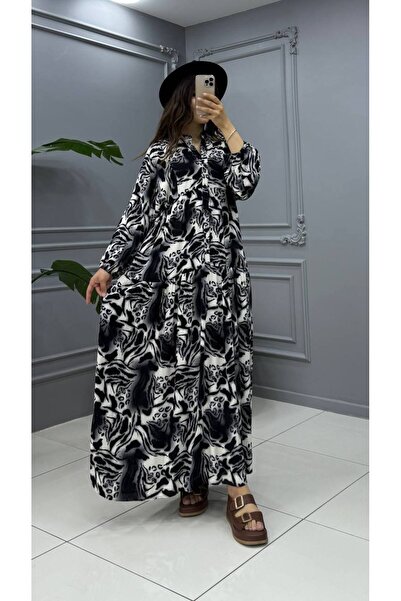 Cannes Poly Women's Abstract Patterned V-Neck Buttoned Black Dress