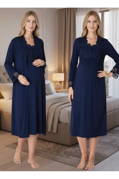 Lohusa Homewear Women's Navy Blue Special Design Lace Embroidered Long Sleeve...