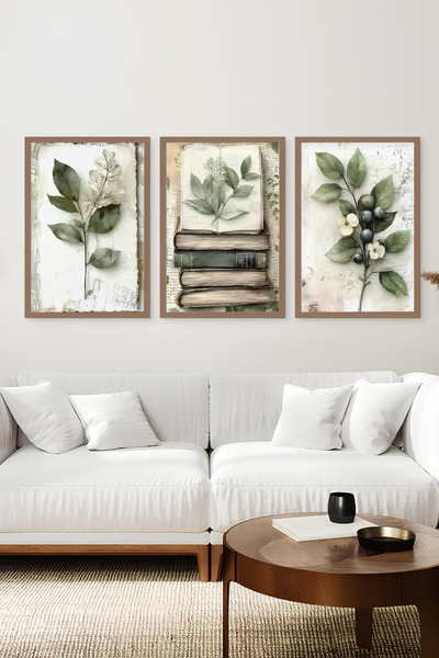 kutuTR Kahverengi Ahşap Çerçeveli 2DUV Baskı 3’lü MDF Tablo–Vintage Kitap ve ...