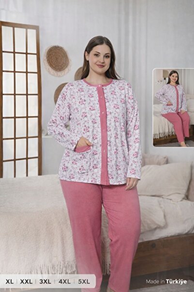 YONCA OUTLET Women's Plus Size Pink Floral Front Buttoned Long Sleeve Cotton ...