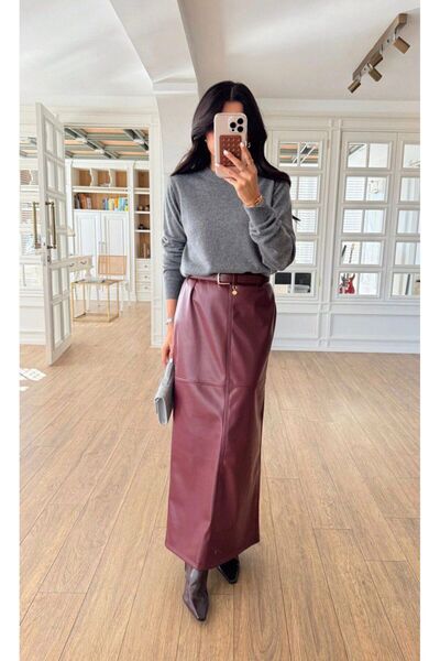 Amaze Yırtmaçlı Suni Deri Kalem Etek