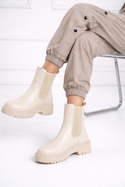 ermin Women's Cream Boots with Side Elastic, Quality Chelsea Boots