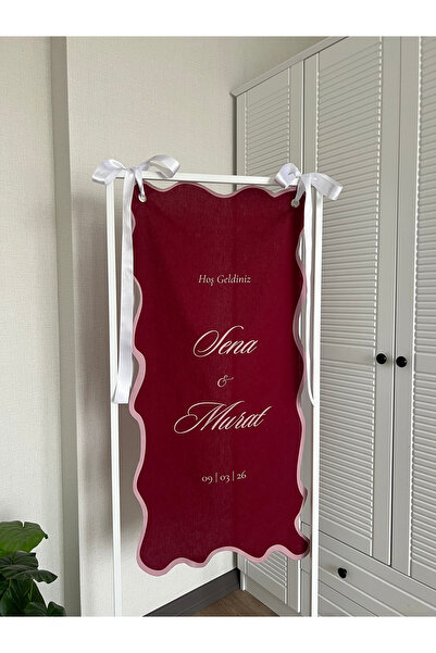 Everly Sign Kişiye Özel Bordo Dalgalı Kumaş Karşılama Panosu, Kına, Düğün, Sö...