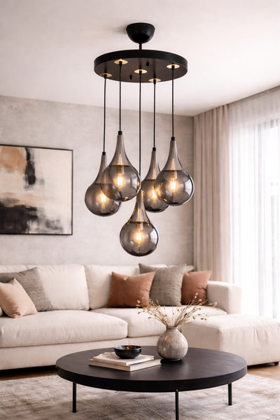 3DreaMaker AuraDrop 5’li Modern Sarkıt Avize | Füme Cam | Siyah Gövde