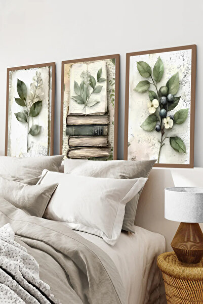 kutuTR Kahverengi Ahşap Çerçeveli 2DUV Baskı 3’lü MDF Tablo–Vintage Kitap ve ...