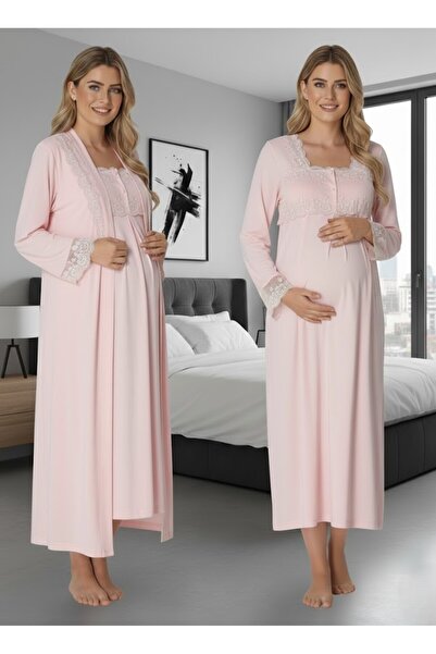 Lohusa Homewear Women's Pink Special Design Lace Embroidered Long Sleeve Cott...