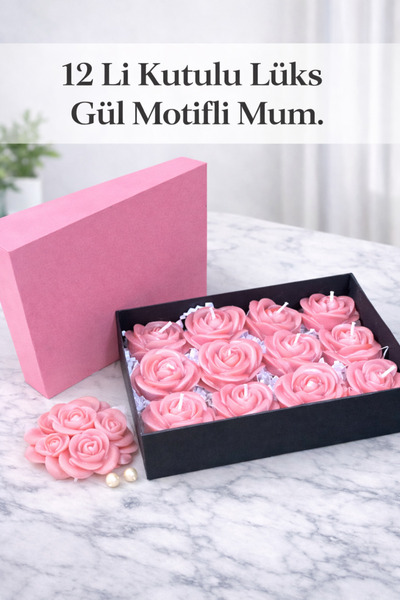 Dekor İstanbul 12’li Kutulu Gül Motifli Mum Seti – El Yapımı Dekoratif Lüks M...
