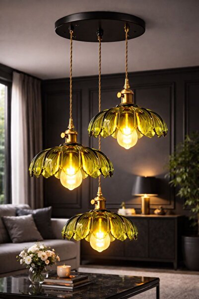 Luna Lighting Petra Model Yeşil Cam Klasik Sarkıt 3'lü Sarkıt Avize