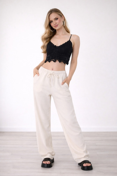 Hazel Women's Stone Linen Blended Loose Fitting Trousers