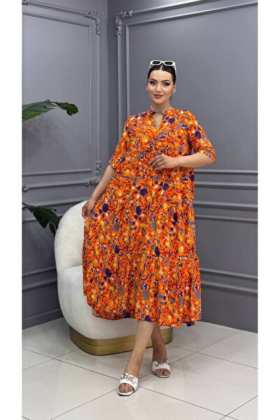 Cannes Women's Floral Patterned High-Neck Low-Cut Detailed Orange Dress