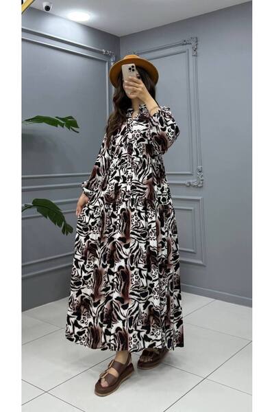 Cannes Poly Women's Abstract Patterned V-Neck Buttoned Brown Dress