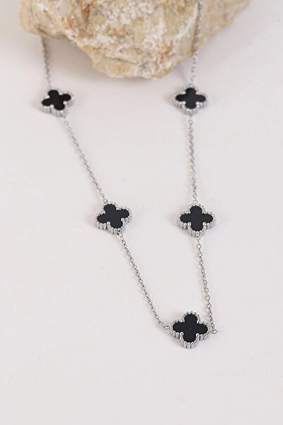 GUNESTAKI Paslanmaz Çelik Silver Siyah Yonca Kadın Kolye