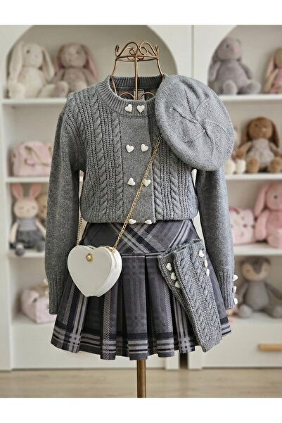 Bisahane Kız Çocuk Ekose Etekli Takım Çanta ve Tozluk Hediye