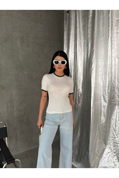 LB Laluna Butik Women's Contrast Striped Blouse with Pearl Detail