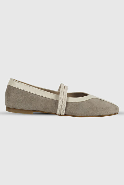 Modezya Scarlett Bej Suede Double Elastic Detaliu Nas Rotunjit Balerină Femei