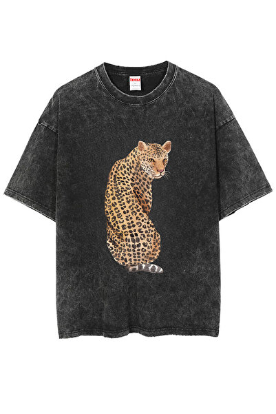 Le Savu Washed Leopard Printed Unisex Oversize Vintage T-Shirt