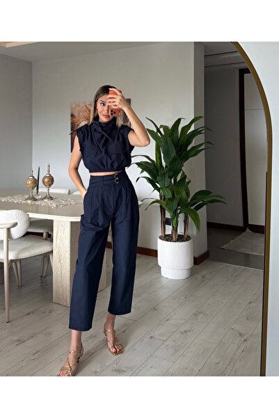 Quzu Vatkalı Kemer Detaylı Pantolon Bluz Premium Lacivert Takım