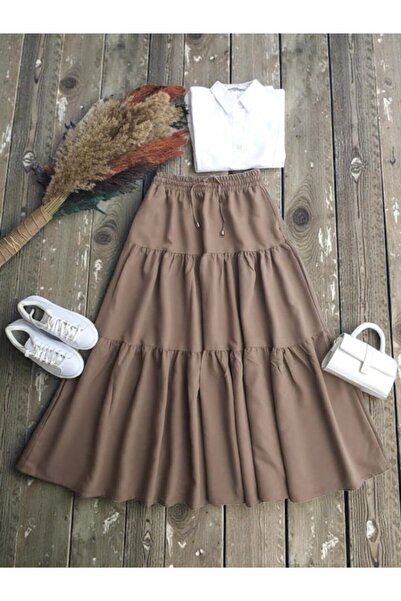 ŞAHİN TESETTÜR GİYİM KAT KAT BELİ BAĞCIKLI VE LASTİKLİ CEPLİ ETEK 6070