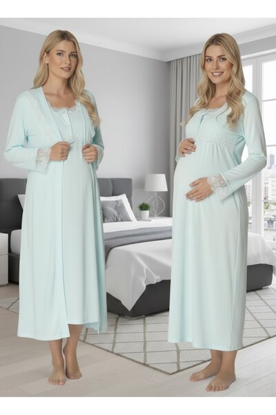 Lohusa Homewear Women's Turquoise Special Design Lace Embroidered Long Sleeve...