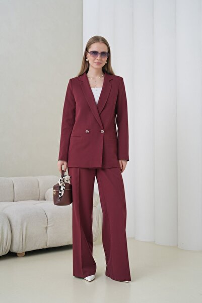 nodilife Çift Düğmeli Salaş Kadın Takım Elbise Bordo