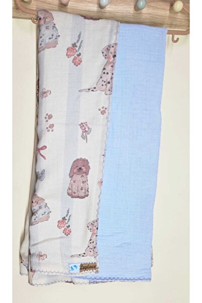Leylace New Model Blue Animal Patterned and Baby Blue Double Layer Muslin Baby Boy Blanket