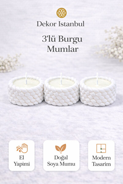 Dekor İstanbul 3’lü Burgu Mum Seti – El Yapımı Doğal Soya Mum, Modern Dekorat...