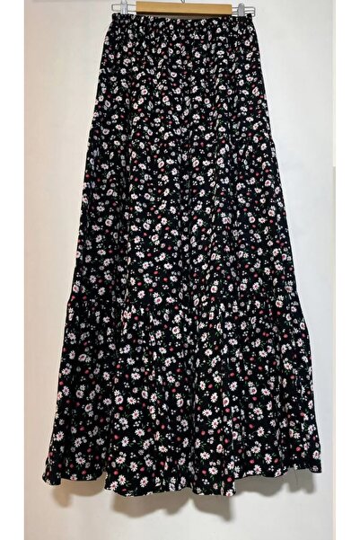 inci wears Papatya Patterned Black Red Viscose Skirt