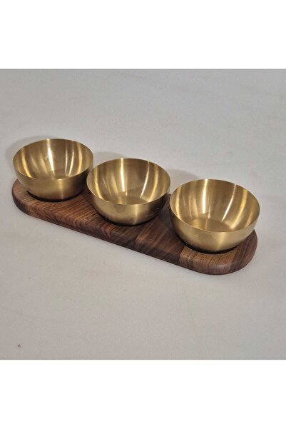 Asemi online Walnut Wood Tray and 3 Stainless Steel Gold Snack Bowls