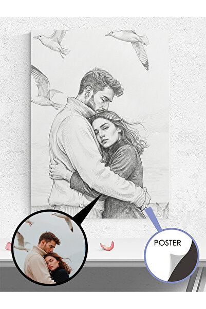Postermanya Kişiye Özel Kara Kalem Tasarımlı Çizim Poster - Sevgiliye Hediye,...