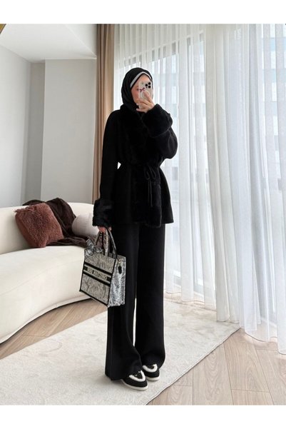 asyadabutik Women's Fur Detailed and Waist-Tied Two-Piece Knitwear Set