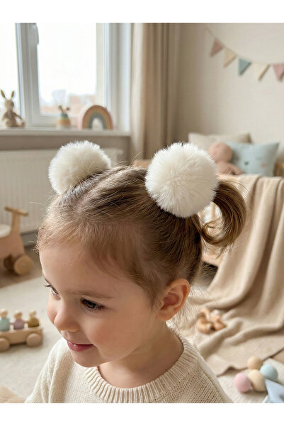 BATU GİYİM Children's Plush Furry Big Pompom 2-Piece Rubber Buckle Set
