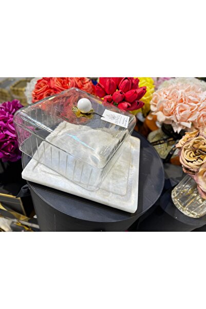 hediye Esterhomedecor Square Cake Pan with Marble Base and Glass Lid