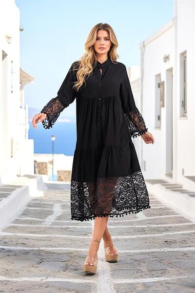 MODANI SEÇ Siyah Önden Düğmeli Kolları Ve Eteği Dantelli Ponponlu Midi Elbise