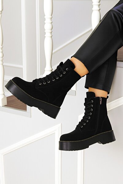 Bella Stride Su Geçirmez Yandan Dikişli Fermuarlı Kalın Tabanlı Bağcıklı Süet...