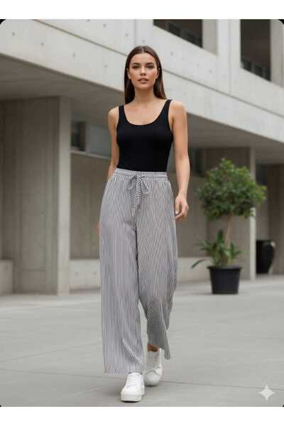 Butik Kadın Su Yolu Desenli Yüksek Bel Geniş Paça Pantolon